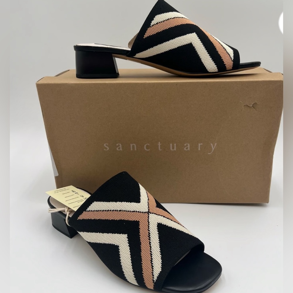 Sanctuary Ruby Rally Knit Block Heel Sandals Shoes Black/Milk/Tan Womans Size 9M